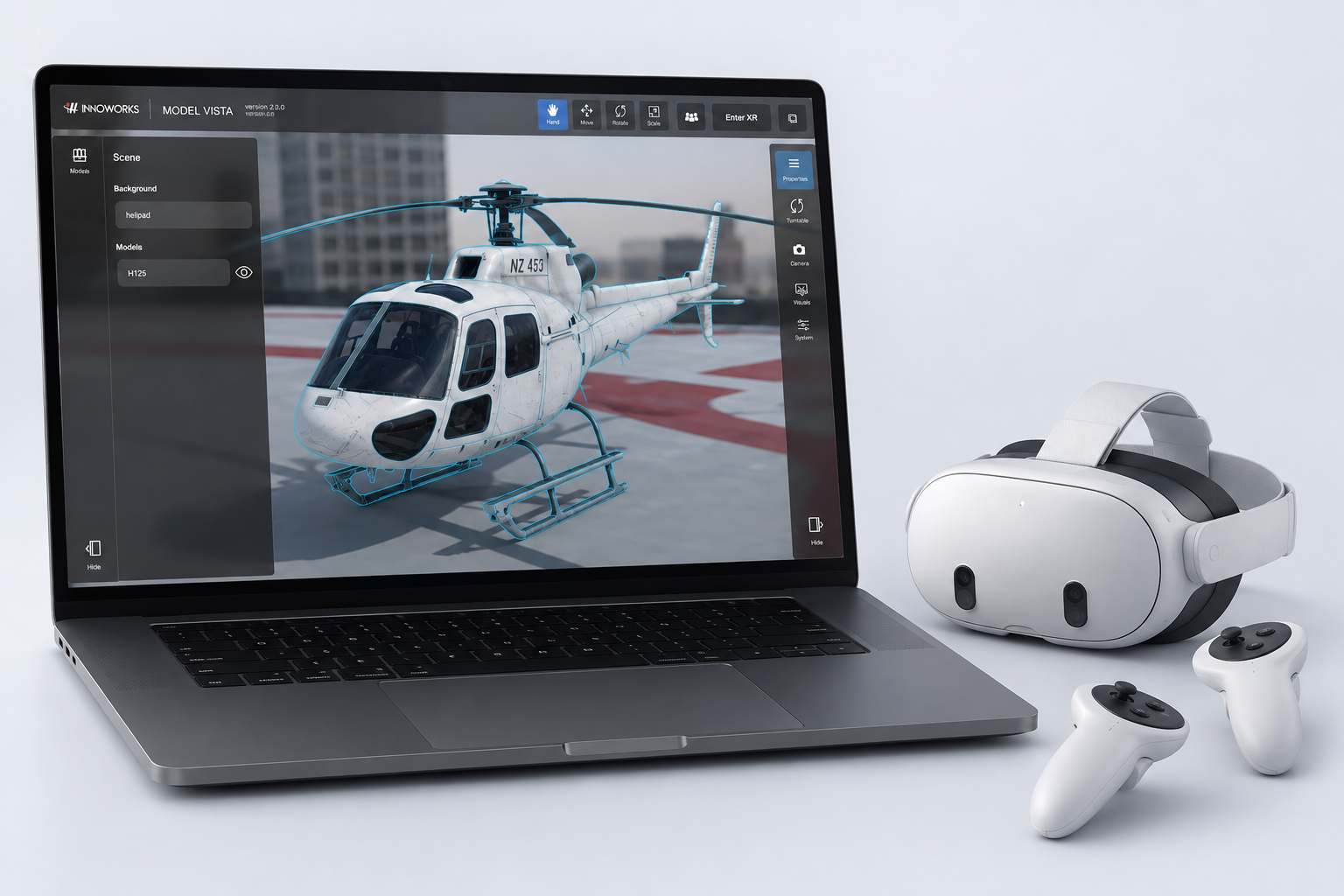 Model Vista helicopter review on a laptop, with an XR headset and controllers